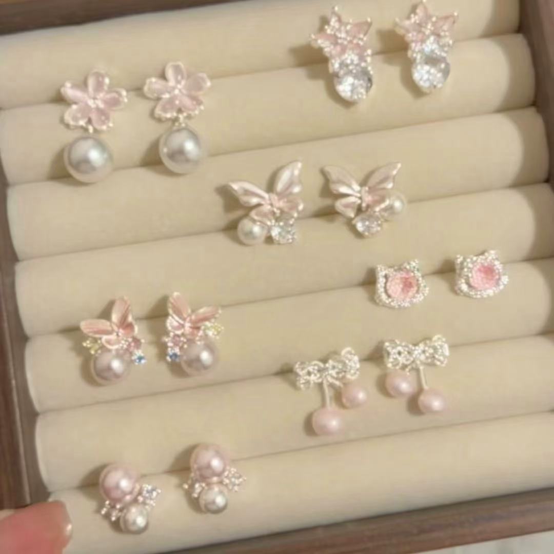 粉紅泡泡~鑲鉆滴油花朵珍珠耳釘精致甜美風耳環輕奢高級感耳飾女