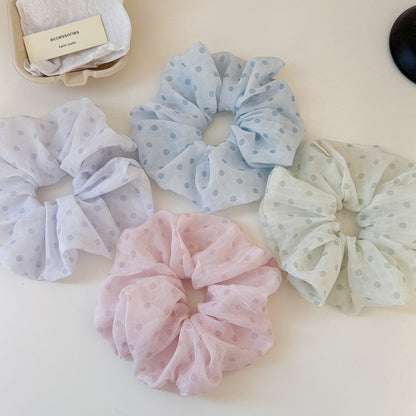 繽紛網紗波點髮圈－綠色大腸圈款細節｜https://igowo.tw/