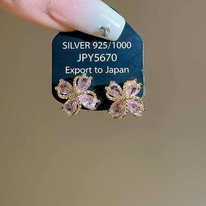 18k真金電鍍銀針鋯石花朵耳釘多巴胺通勤百搭耳環時尚通勤耳飾女