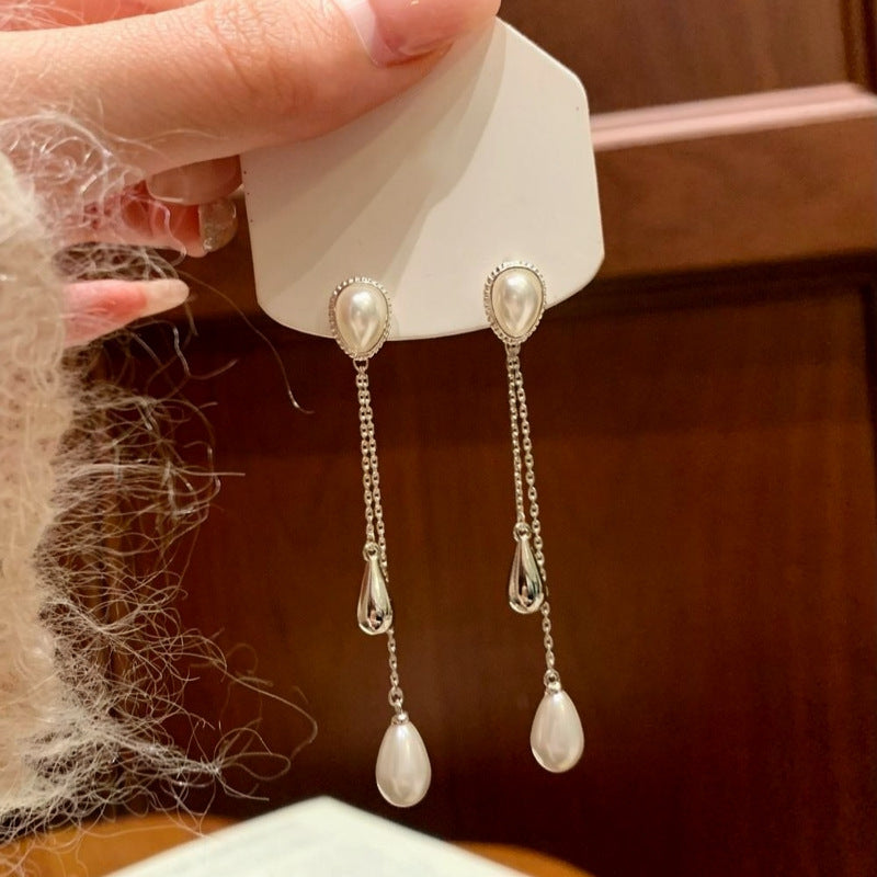珍珠銀針水滴流蘇耳釘