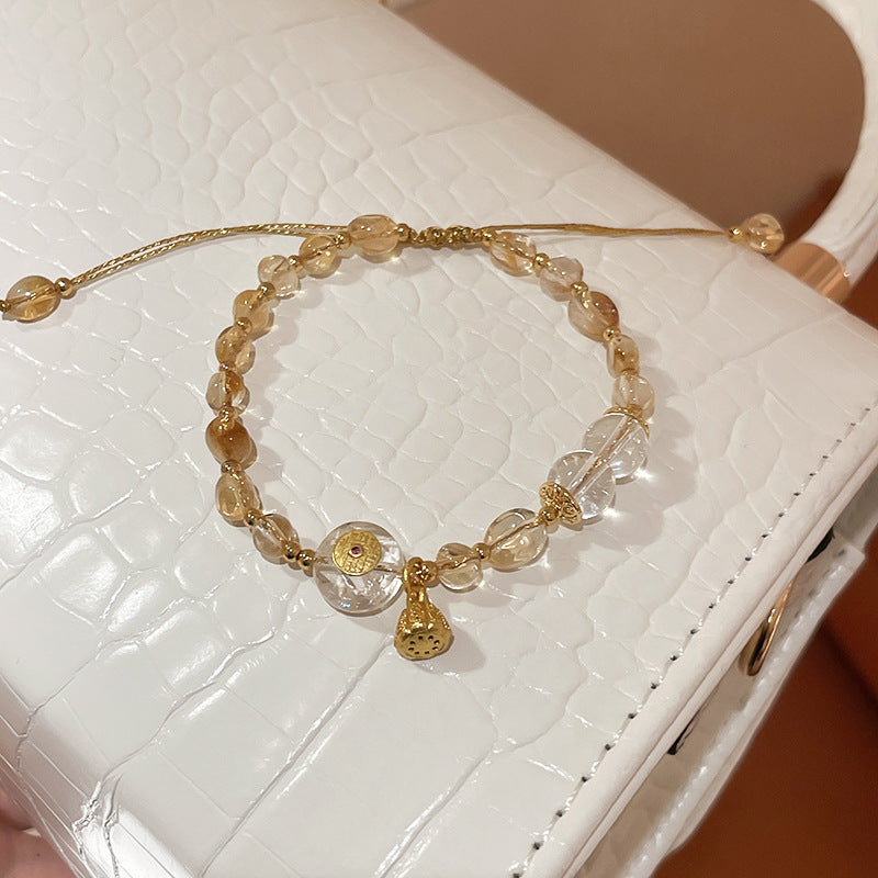 圓形蓮蓬淺黃發晶白水晶可調節手鏈時尚手鏈女百搭手飾輕奢高級感