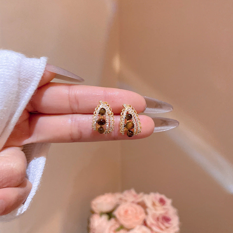 復古美拉德蕾絲鋯石虎眼石耳釘