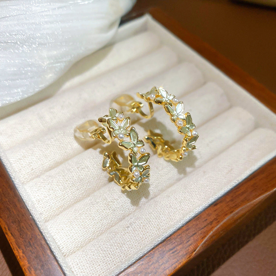 耳夾~18k真金電鍍滴油蝴蝶珍珠耳夾甜美氣質耳環輕奢高級感耳飾女
