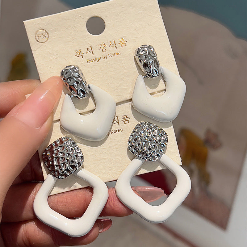銀針滴油圓形扭曲白色系方形耳釘女簡約百搭耳環小眾設計感耳飾女