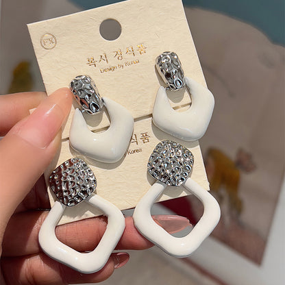 銀針滴油圓形扭曲白色系方形耳釘女簡約百搭耳環小眾設計感耳飾女