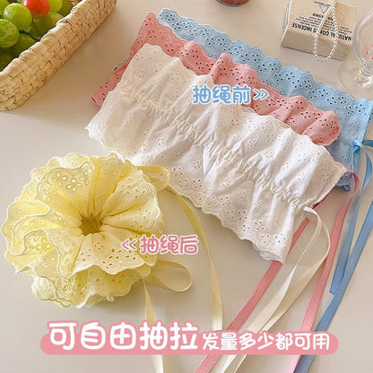 蕾絲緞帶髮圈－黃色款實拍｜https://igowo.tw/