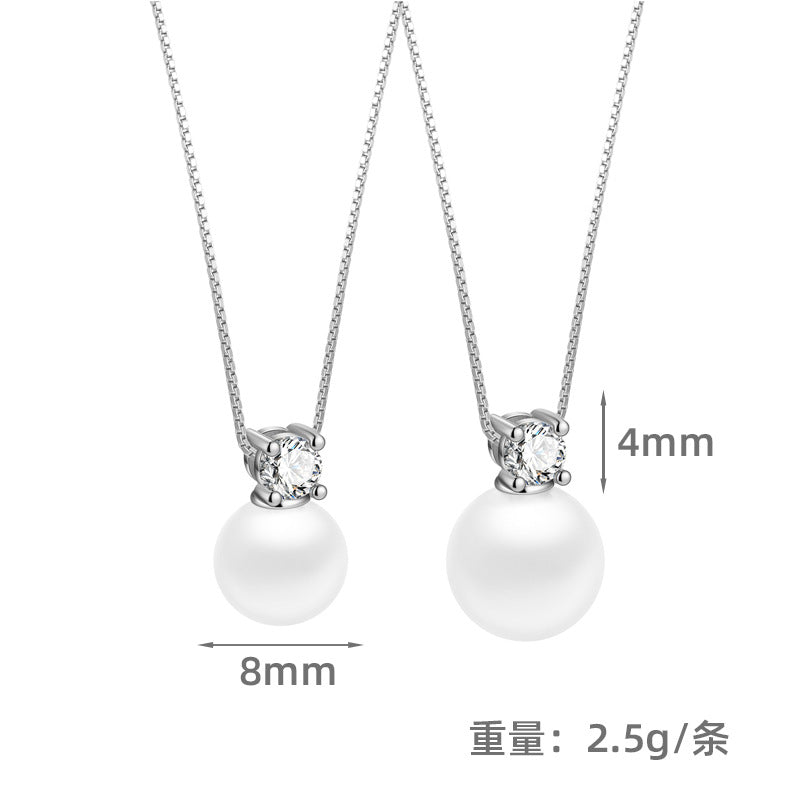 S925 王妃四爪鑲鑽項鏈耳釘套裝女時尚簡約合成珍珠高級感耳飾