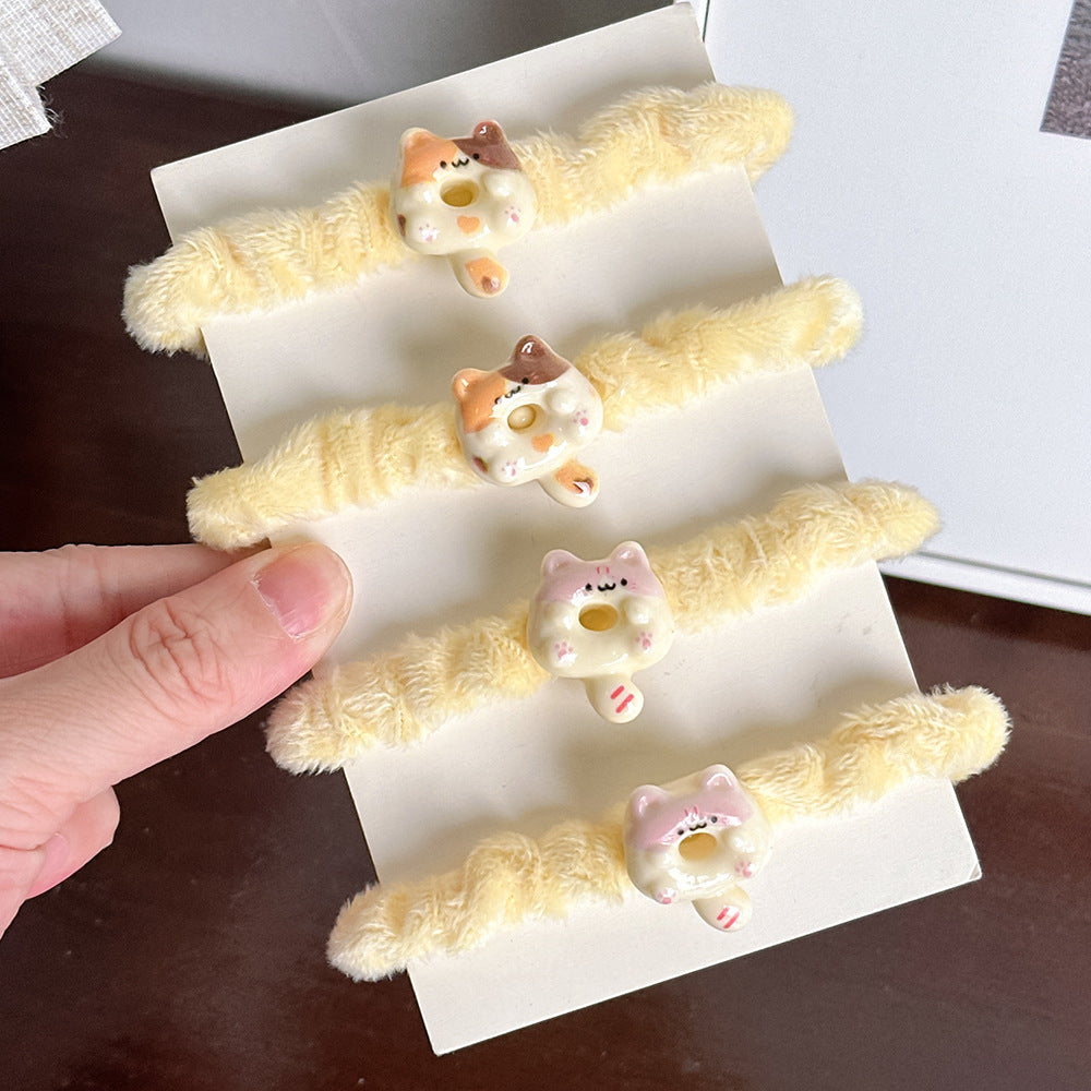 絨面貓咪甜點髮圈－貓咪髮繩粉色一個款實拍｜https://igowo.tw/