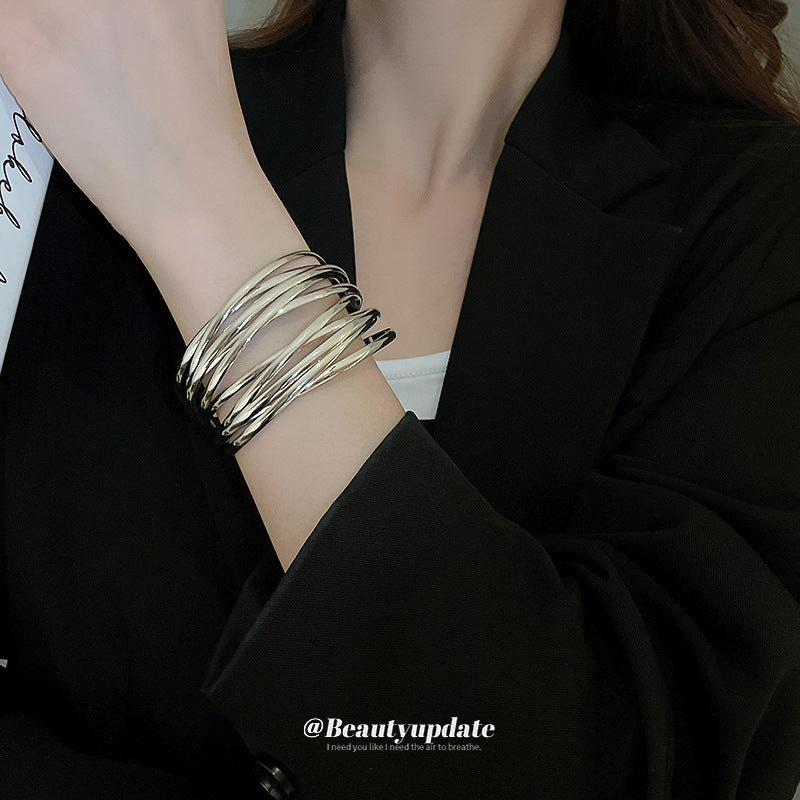 小眾跨境線條開口手鐲冷淡風夸張個性手環時尚輕奢高級感手飾批發