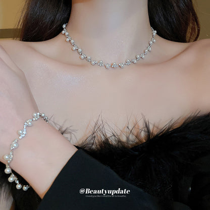 choker珍珠鑲鉆波浪項鏈套裝韓國高級感時尚鎖骨鏈小眾通勤飾品女