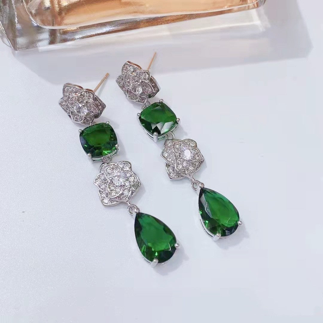S925彩色鋯石花朵水滴耳釘