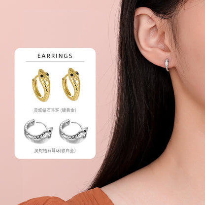 S925 鑲鑽靈蛇耳環女歐美時尚外貿個性冷淡風高級感耳圈
