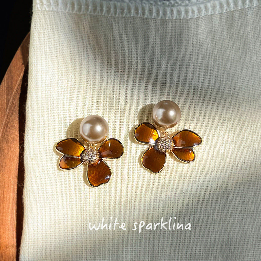 棕色琺瑯花朵復古耳環－商品主圖｜https://igowo.tw/