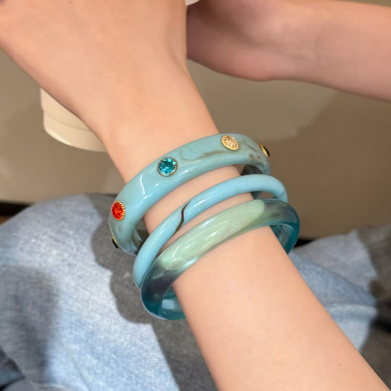 歐美復古樹脂鑲鉆彩色手鐲女小眾時尚百搭手環輕奢高級感手飾批發