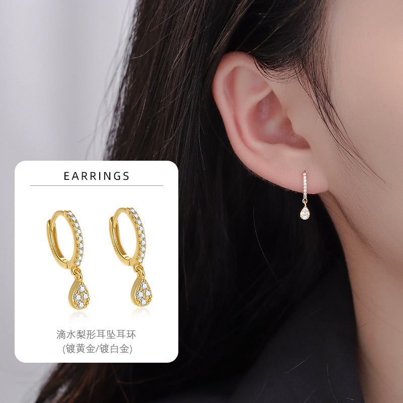 S925 鑲鑽滴水梨形耳墜女歐美外貿高級感夏季百搭氣質耳環