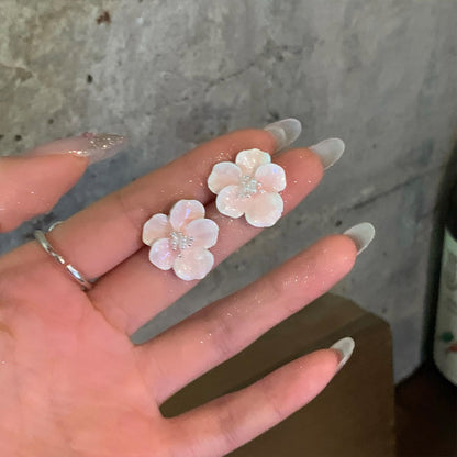 超仙粉色山茶花滴油珍珠耳環女輕奢高級感耳釘獨特漂亮甜美耳飾女
