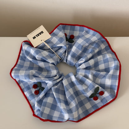 格紋櫻桃刺繡髮圈