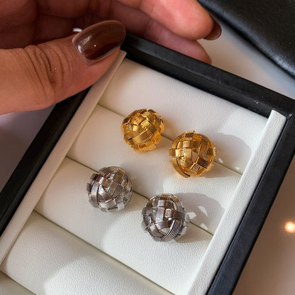 18k真金電鍍編織圓形耳夾女無耳洞個性時尚耳環設計感小眾耳飾女