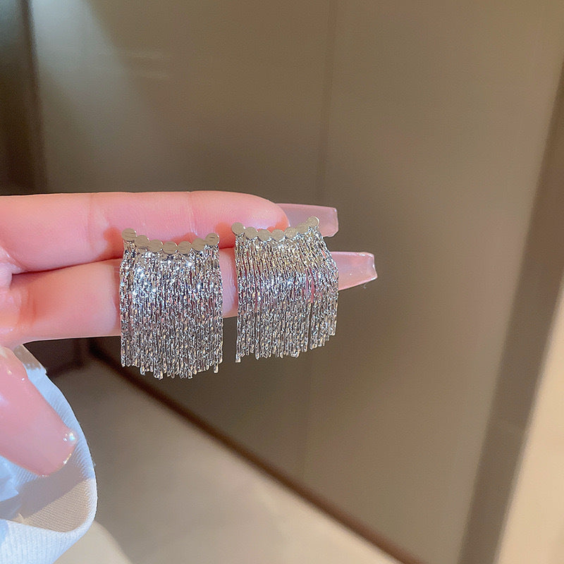 銀針鑲鉆幾何金屬鏈條流蘇耳環歐美時尚高級感耳釘個性耳飾批發女