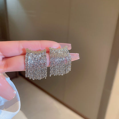 銀針鑲鉆幾何金屬鏈條流蘇耳環歐美時尚高級感耳釘個性耳飾批發女