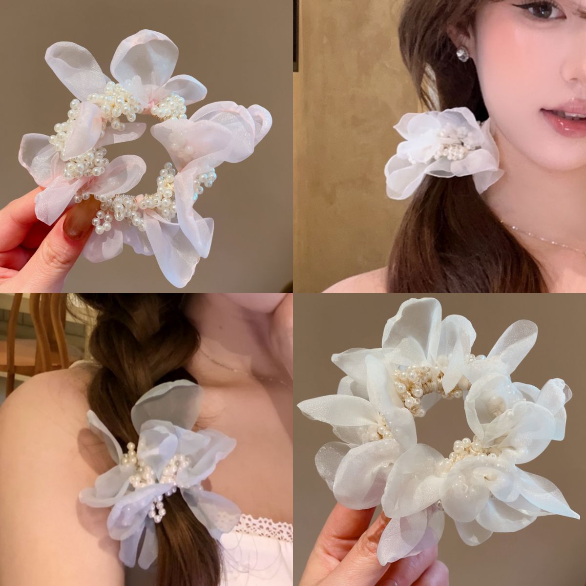 珍珠花朵髮圈－商品主圖｜https://igowo.tw/
