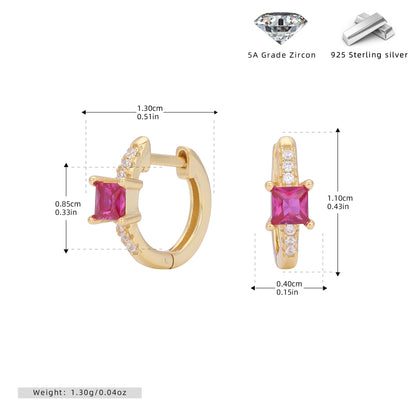 S925 歐美簡約方形彩色鋯石鑲鉆耳扣耳環ins潮氣質耳飾現貨