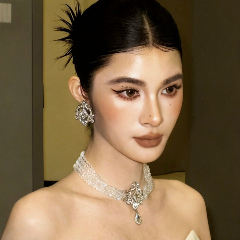 宮廷風鑲鉆水晶串珠水滴項鏈耳夾輕奢高級感首飾套裝歐美夸張飾品