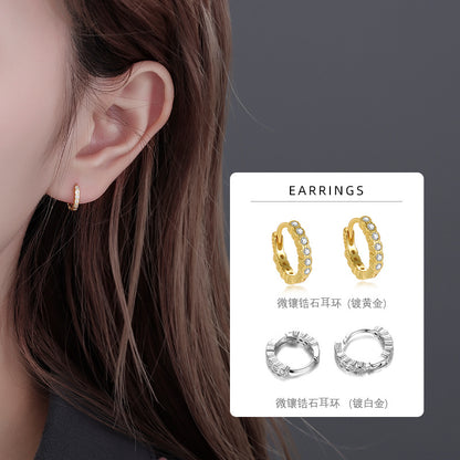 S925 鑲鑽圓圈耳環女歐美外貿高級感冷淡風氣質耳骨環耳扣