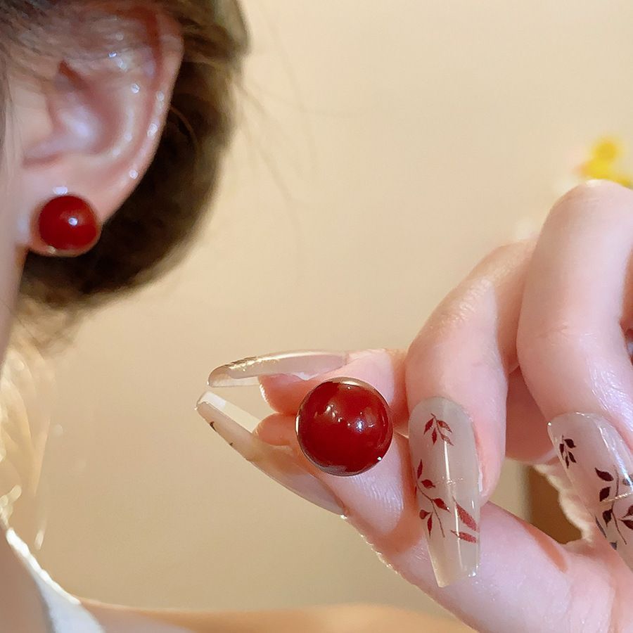 銀針安可拉紅色圓形愛心耳環港風復古耳圈耳釘小眾輕奢高級感耳飾