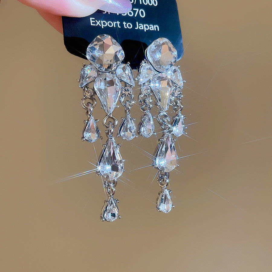 銀針鑲鉆幾何水滴流蘇耳環歐美跨境超閃氣質耳釘輕奢高級感耳飾女