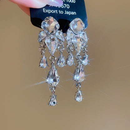銀針鑲鉆幾何水滴流蘇耳環歐美跨境超閃氣質耳釘輕奢高級感耳飾女