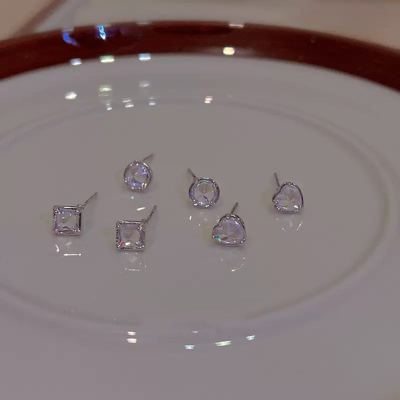 S925銀針幾何愛心鋯石套裝耳釘