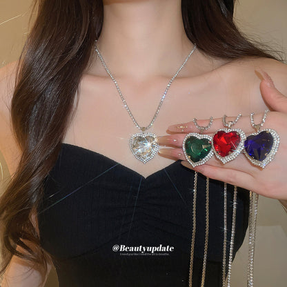 愛心鑲鑽項鍊耳環組－銀針-紅色款實拍｜https://igowo.tw/
