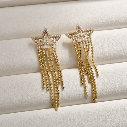 珍珠鋯石流蘇長版耳環