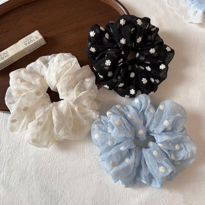 網紗大腸圈刺繡髮圈－米白繡花髮圈款實拍｜https://igowo.tw/