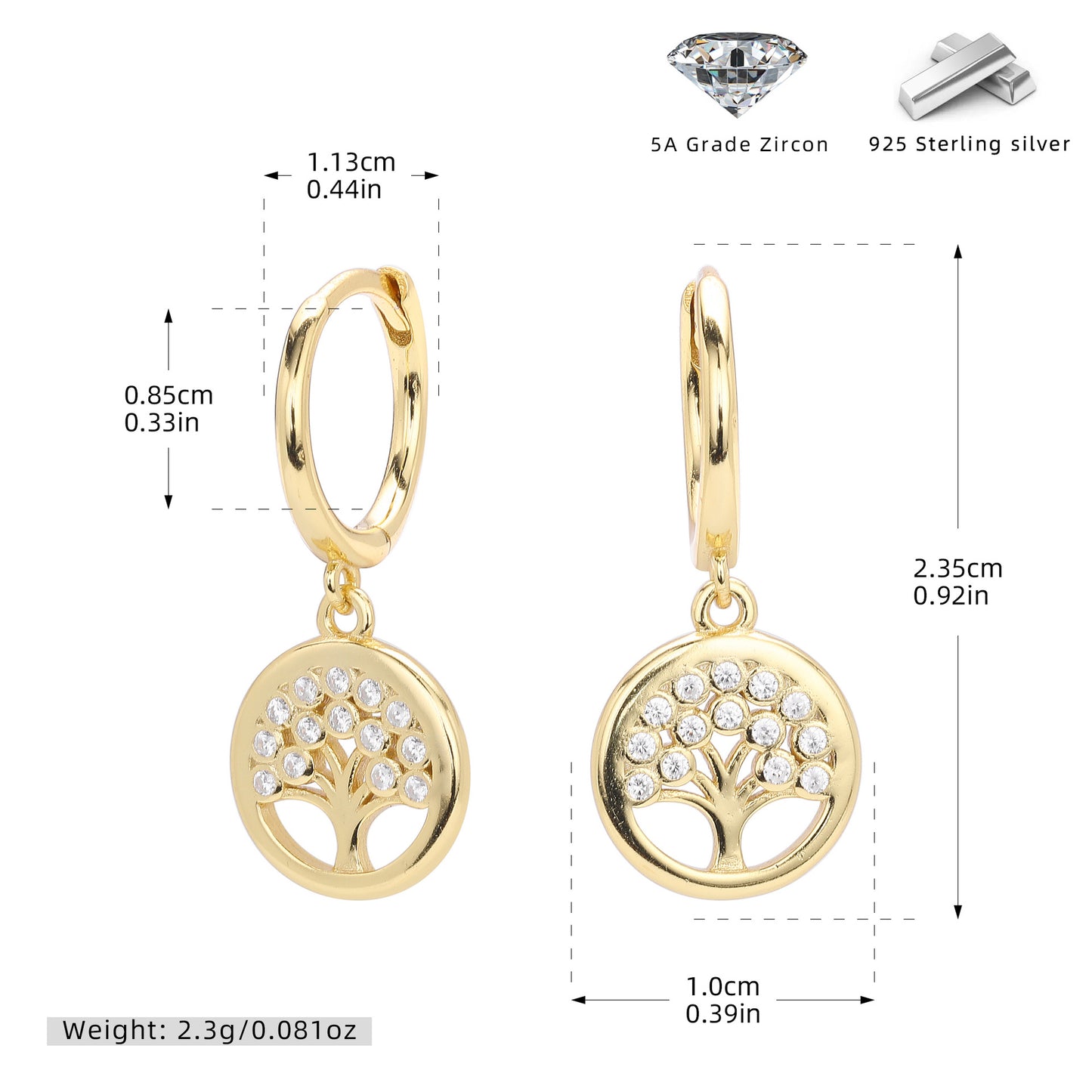 S925 精品鑲鋯石生命樹耳環高品質鍍真金耳扣流行飾品現貨