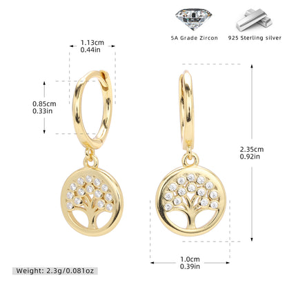 S925 精品鑲鋯石生命樹耳環高品質鍍真金耳扣流行飾品現貨