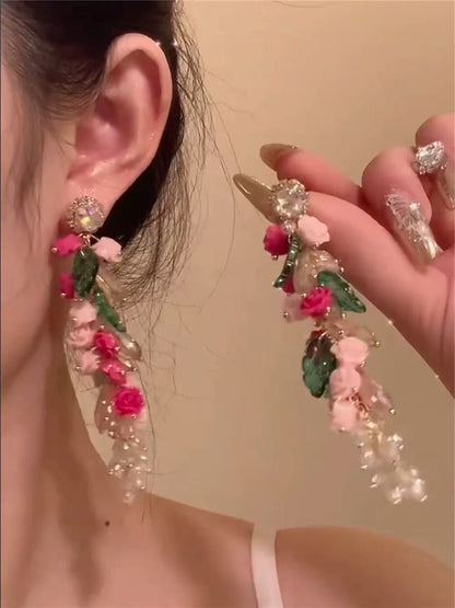 銀針鑲鉆鏤空花朵流蘇耳環女歐美時尚氣質耳釘輕奢高級感耳飾批發