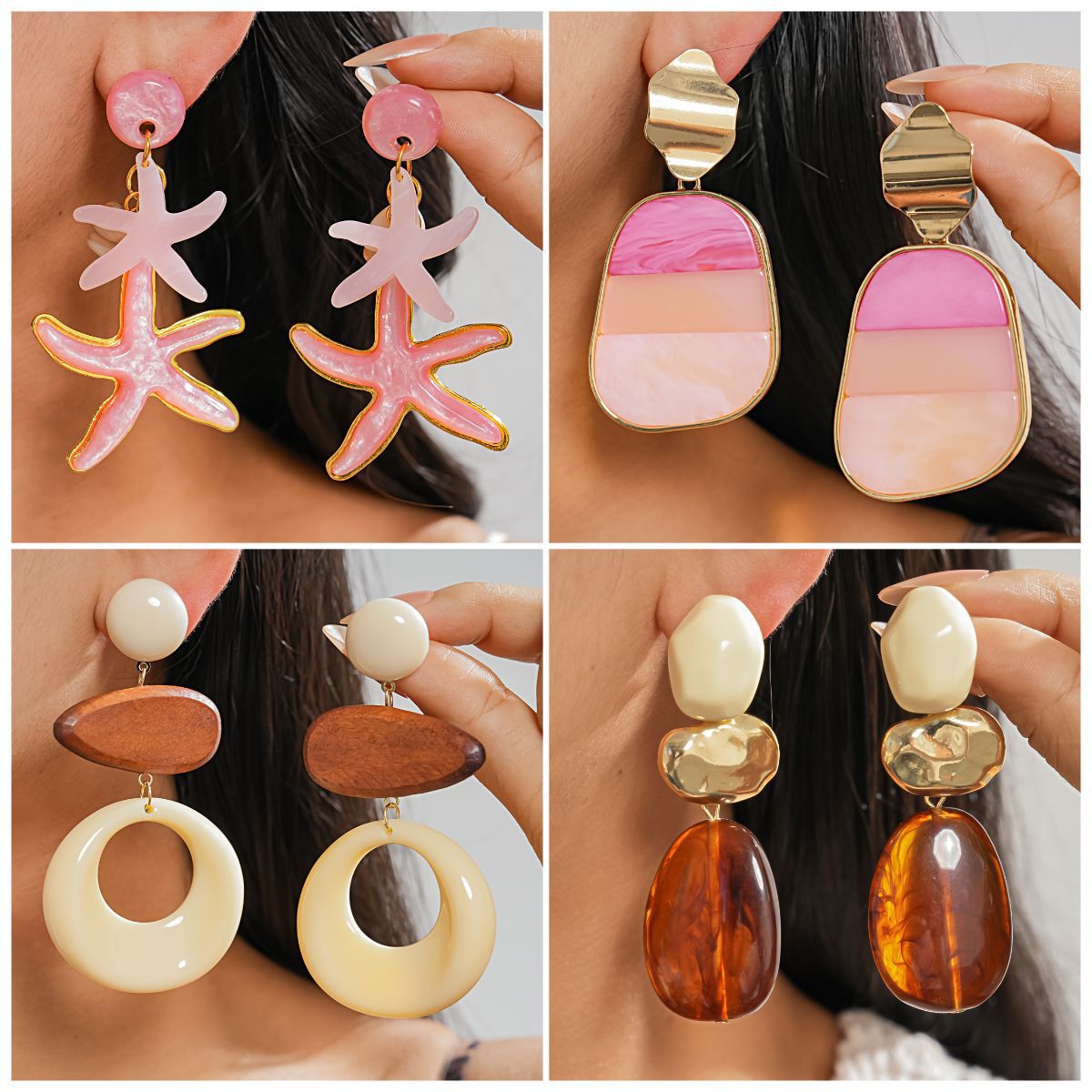 粉色樹脂橢圓垂墜耳釘－商品主圖｜https://igowo.tw/