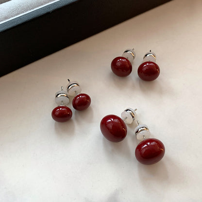 S925紅色珍珠玻璃電鍍耳釘－紅14mm款細節｜https://igowo.tw/