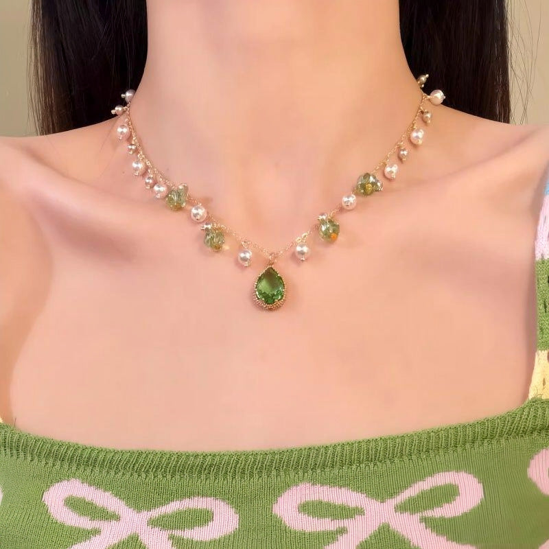 水晶珍珠水滴流蘇項鍊－商品主圖｜https://igowo.tw/
