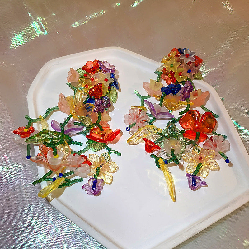 銀針流蘇花朵花卉仙女款耳墜耳釘女田園風小眾手作氣質夸張耳環女
