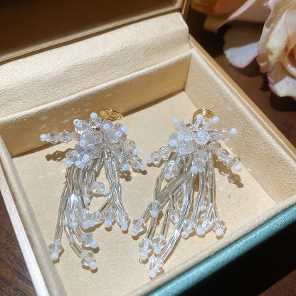 耳夾~海邊度假風水晶花朵流蘇超仙優雅輕奢高級感無耳洞耳飾