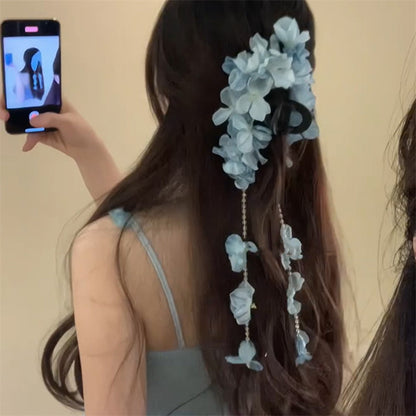 氛圍感布藝花朵流蘇珍珠發夾超仙后腦勺鯊魚夾新中式時尚抓夾發飾
