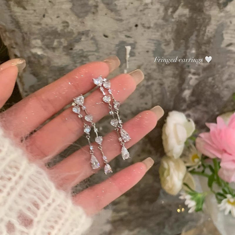 鋯石愛心水滴流蘇耳環