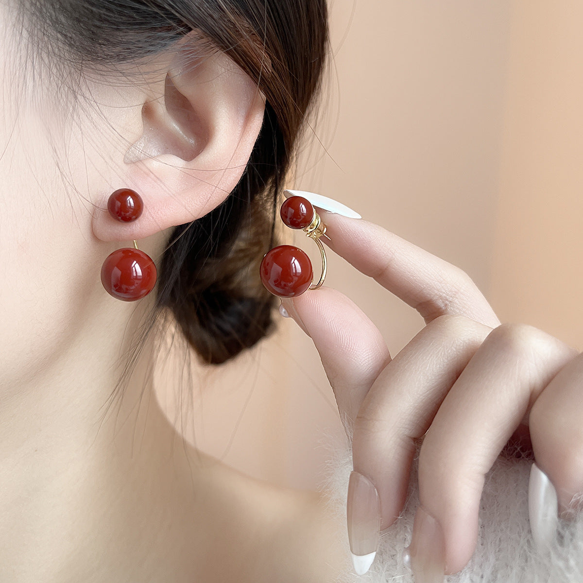 紅色琺瑯珍珠花朵飾品－商品主圖｜https://igowo.tw/