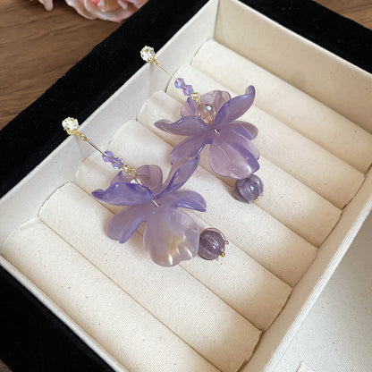 銀針鋯石樹脂花朵吊墜耳環簡約百搭耳釘女清新甜美耳飾小眾高級感