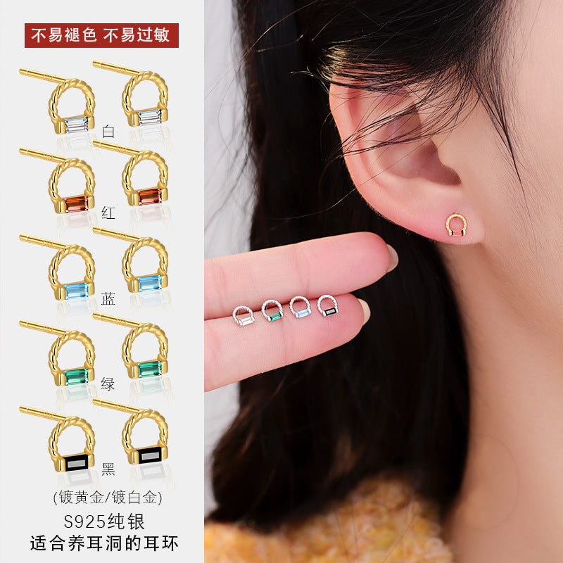S925 扭麻繩幾何方鑽耳釘女2025新款時尚簡約氣質通勤耳飾