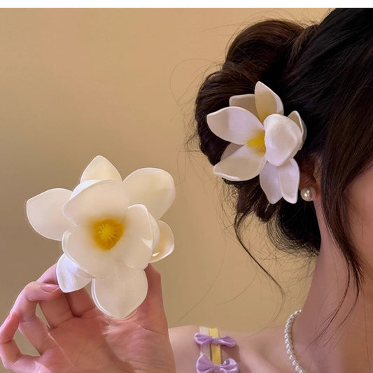 雞蛋花布藝花朵發夾女時尚百搭側邊鴨嘴夾小眾設計氣質度假風發飾