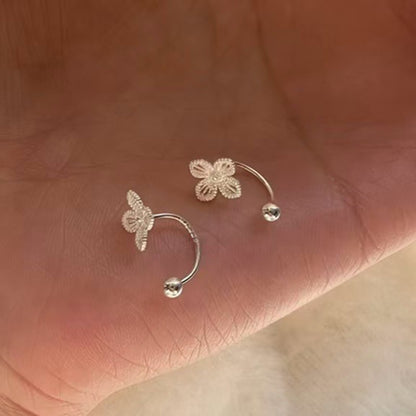 素銀四葉草u型耳釘雙耳洞一體耳環螺絲養耳洞耳骨釘二孔耳飾批發